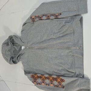 Burberry Unisex Thomas Bear Gray Youth Zip Up Hoodie with Patterned Sleeves M